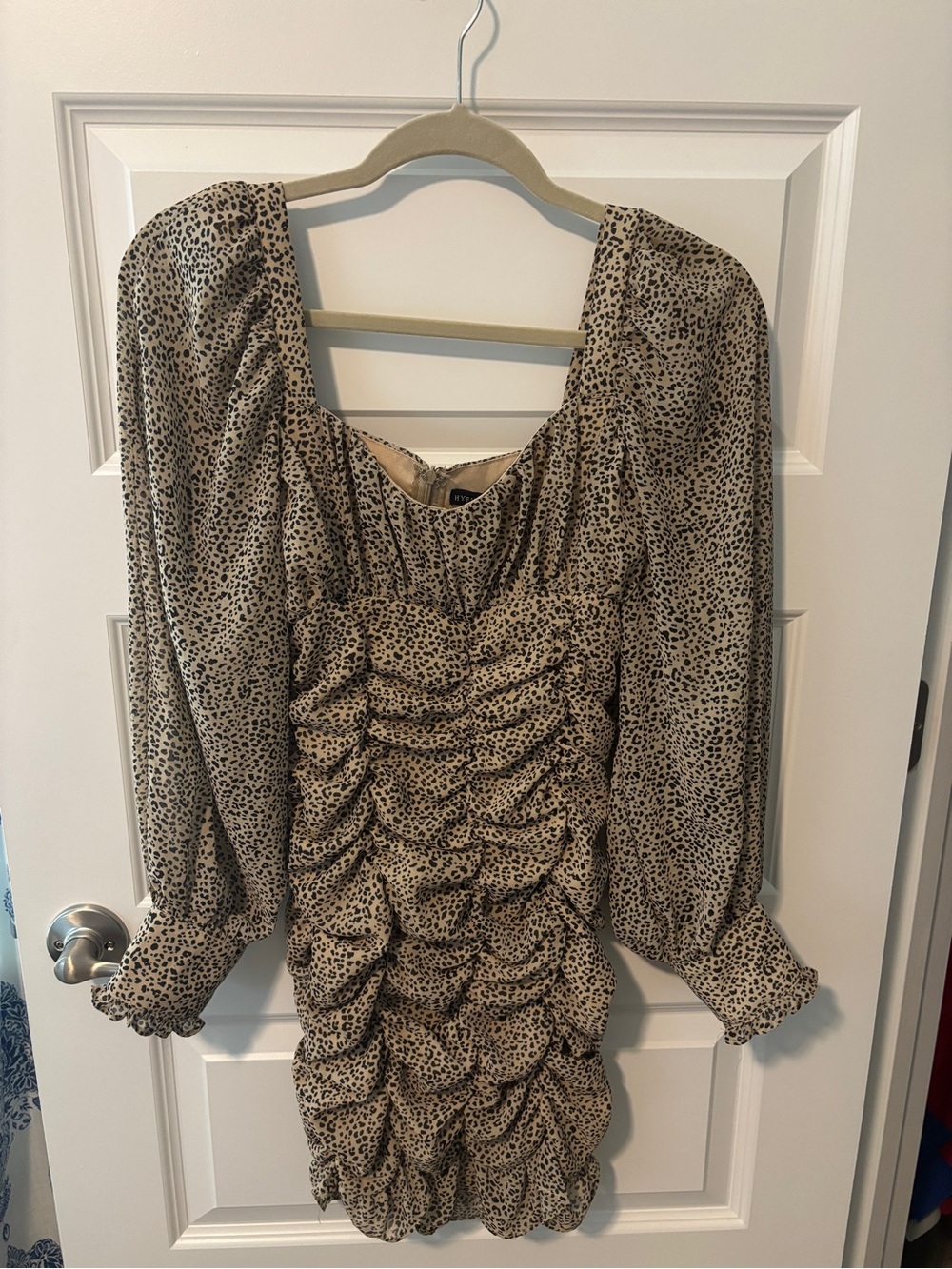 Ruched Leopard Print Mini Dress in Beige and Black